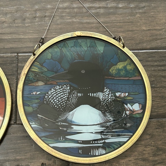 1 Pair Vtg Glassmasters The Loon Stained Glass Light Catcher Wall Hanging Copper - Picture 6 of 16